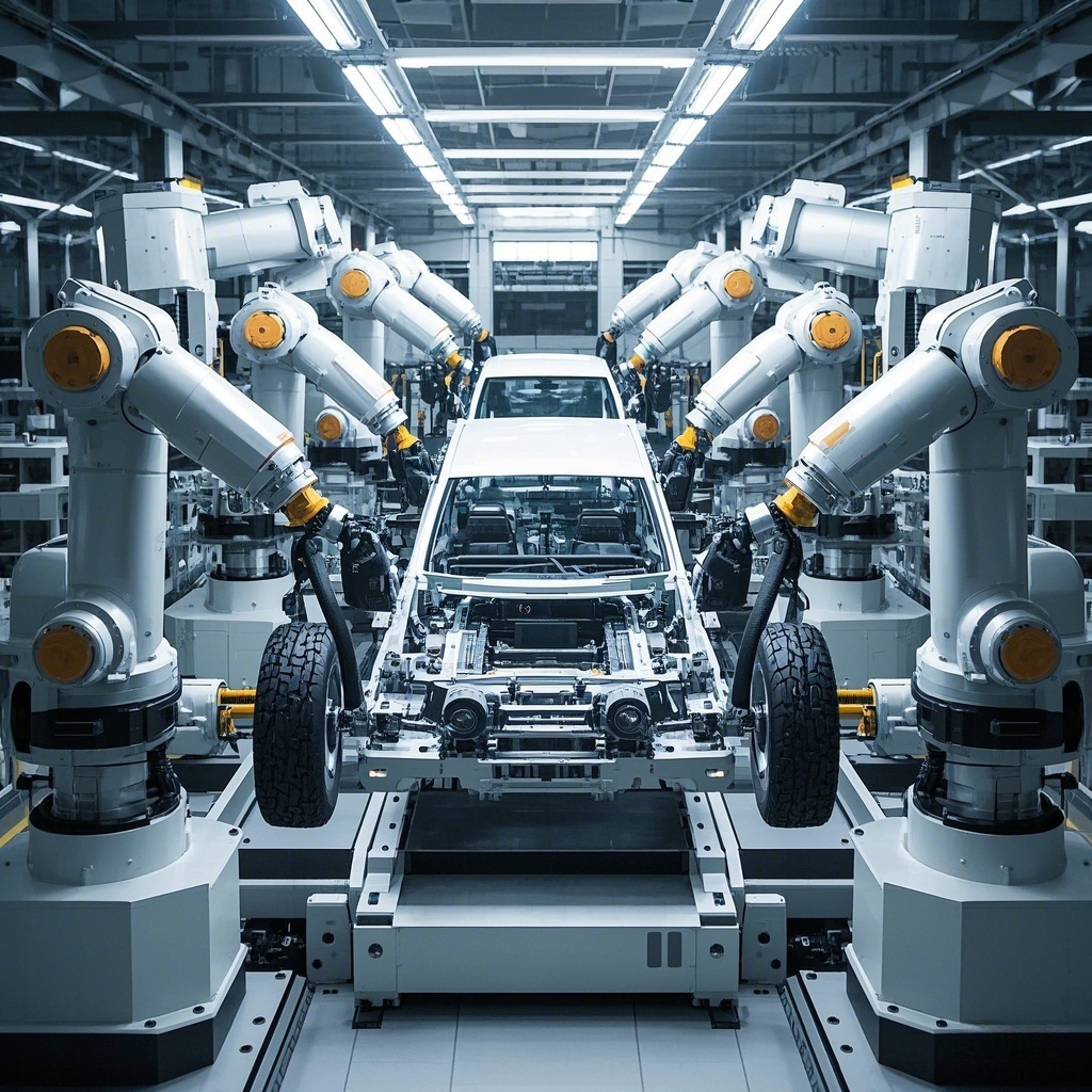The robot arm collaboratively assembles the vehicle chassis