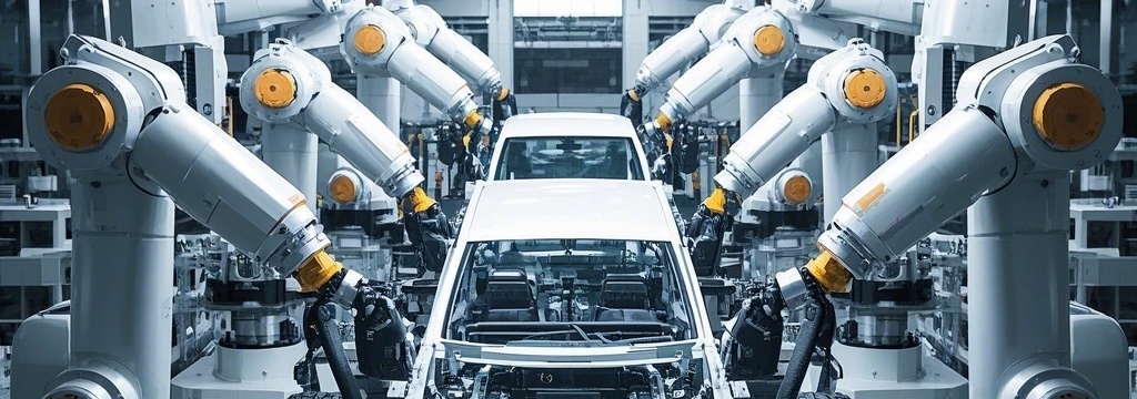 The robot arm collaboratively assembles the vehicle chassis